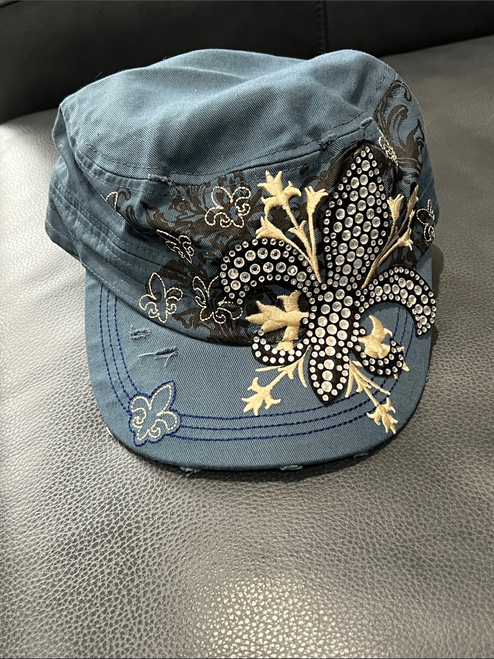 Blue Embroidered Fleur-de-Lis Cadet Cap with Rhinestone Accent